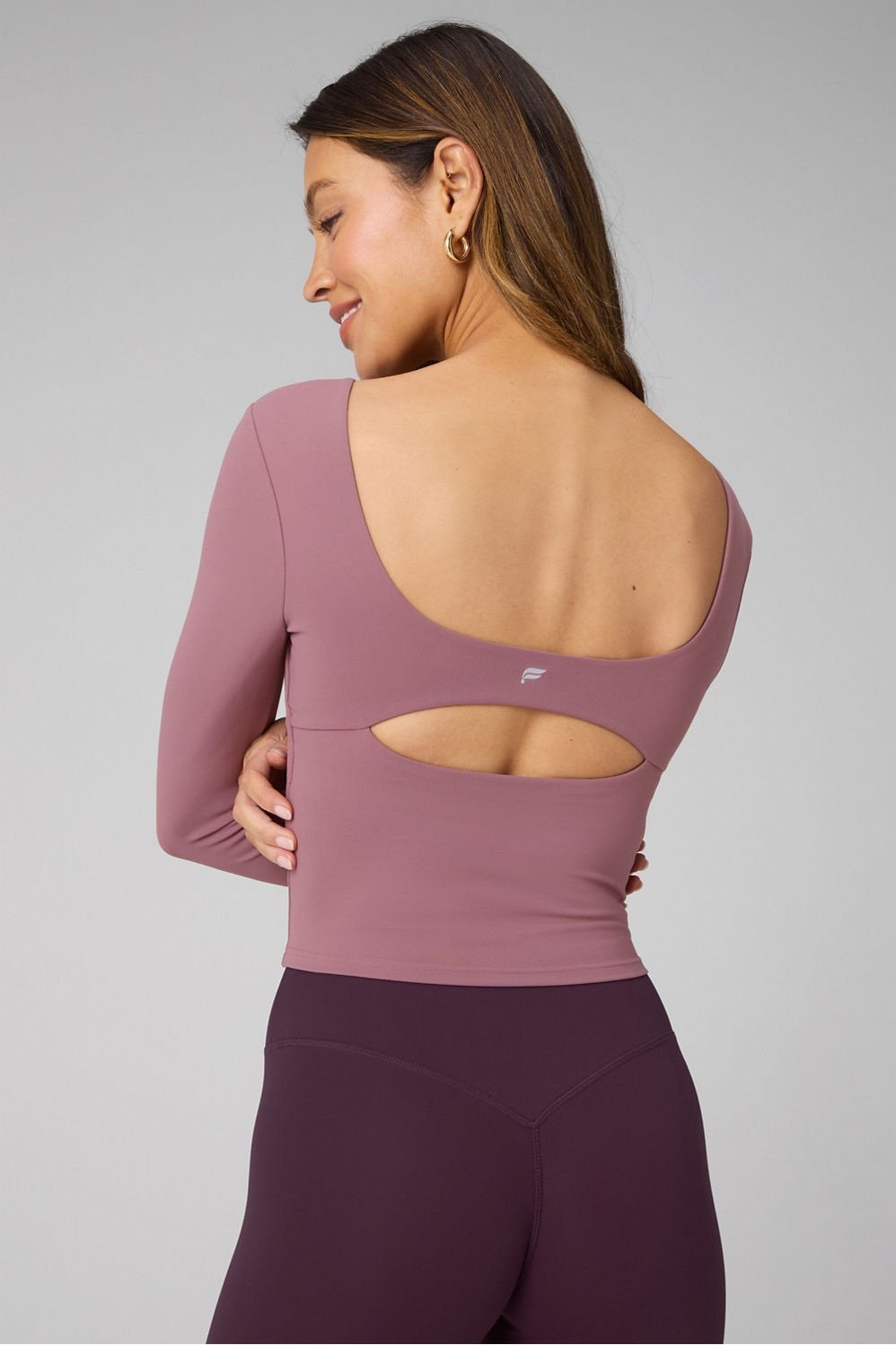 Fabletics Pureluxe Long Sleeve Built-in-Bra Top-Mushroom Mauve