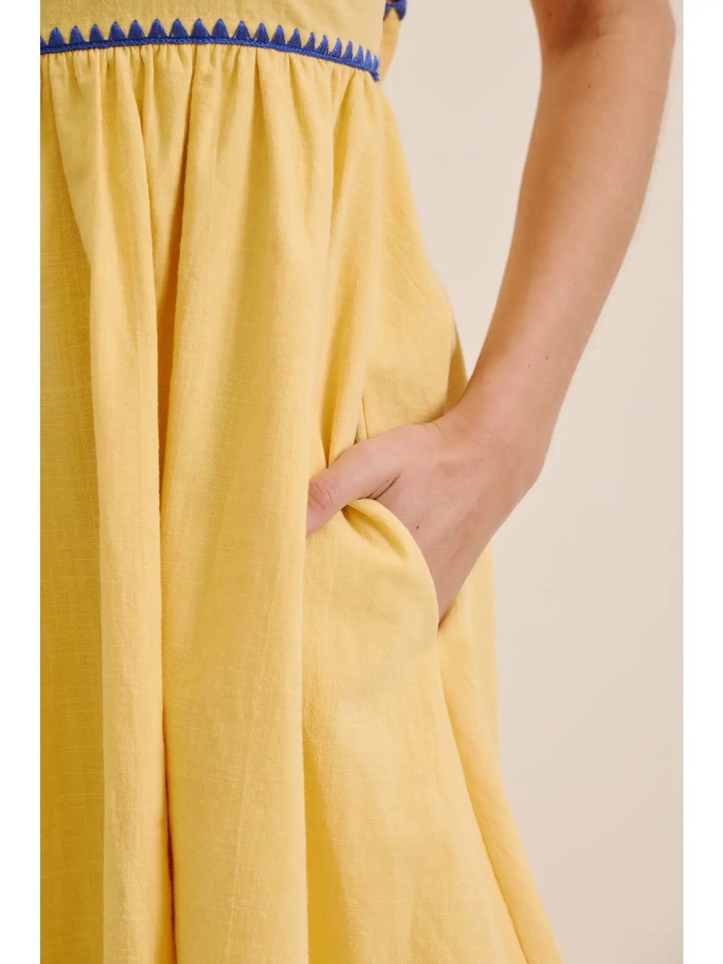Yellow Mini Dress with Back Bow & Blue Stitching