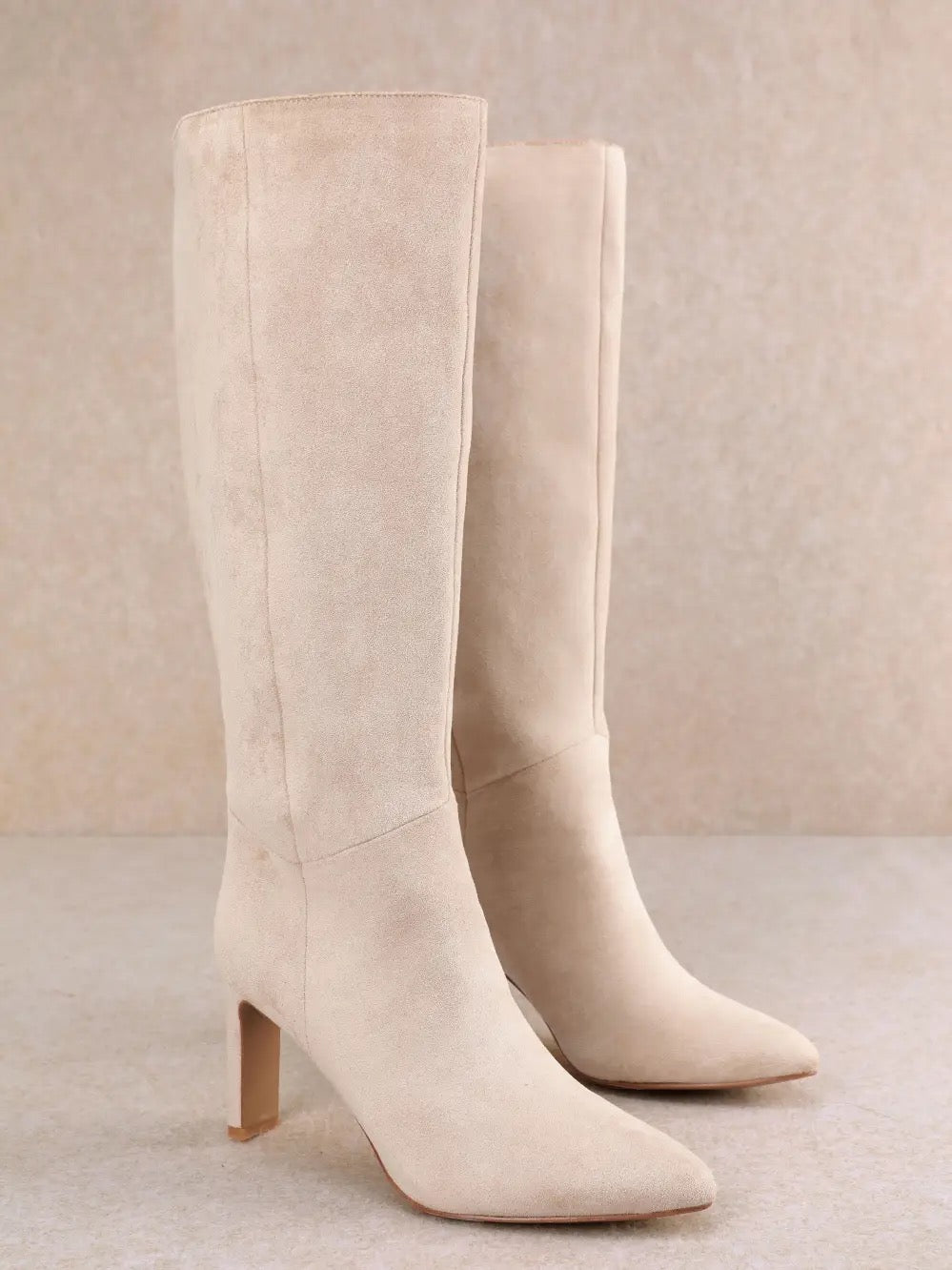 Beige Sleek Pointed Toe Block Heel Tall Boots