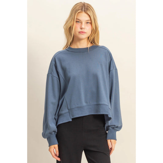 Midnight Blue Layered Hem Sweatshirt with Raw Hem