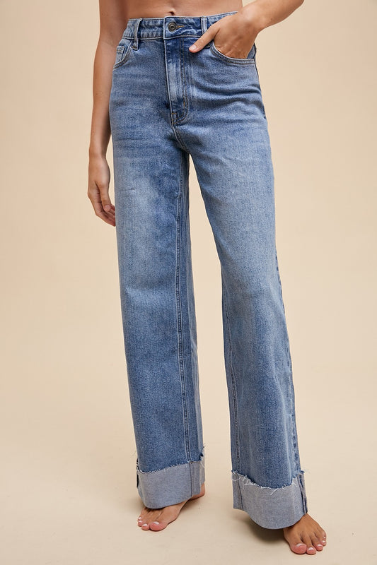 90's Stretch Cuffed Hem High Rise Straight Jeans