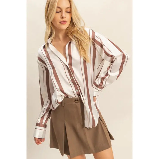 Brown Striped Silhouette Button Down Top