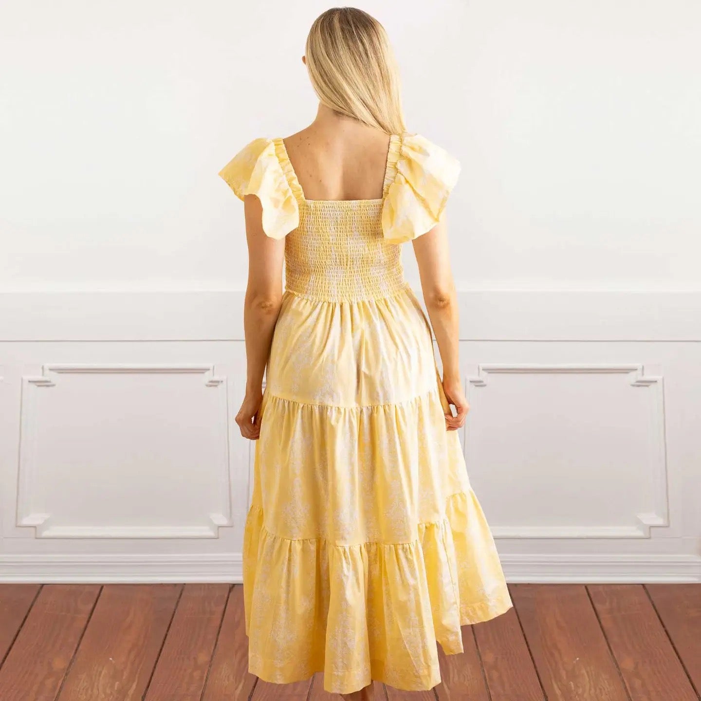 Golden Damask Smocked Flutter Sleeve Dress