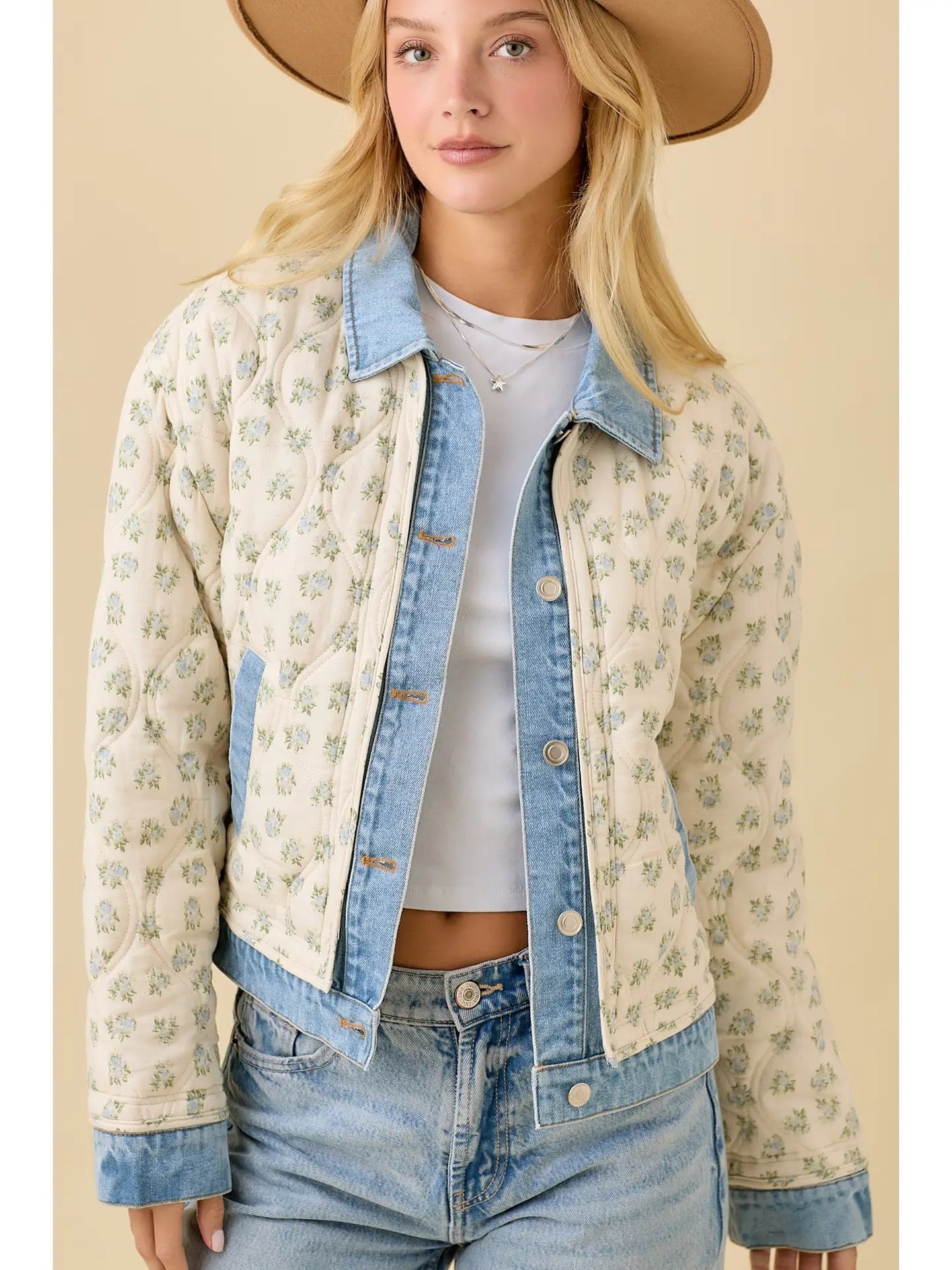 Floral Print Quilted Denim Jacket