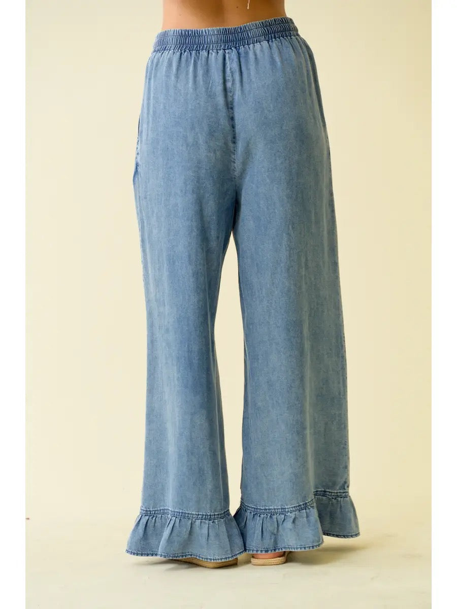 Denim Ruffle Bottom Wide Leg Pants