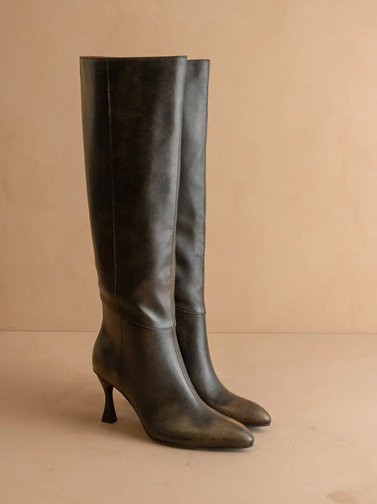 Distressed Black Pointed Toe Knee High Boot