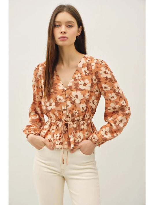 Boho Floral Print V-Neck Volume Sleeve Top