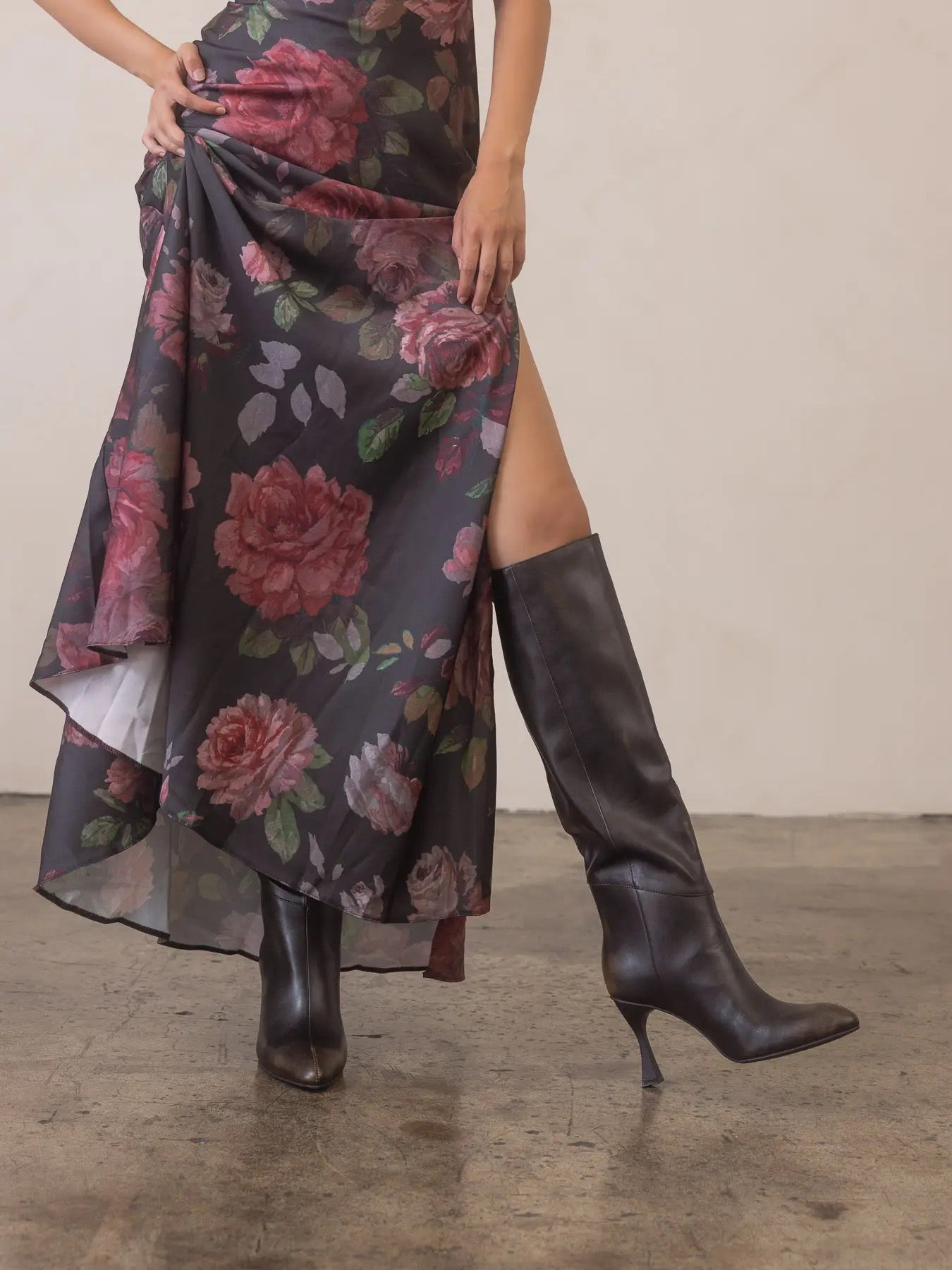 Distressed Black Pointed Toe Knee High Boot