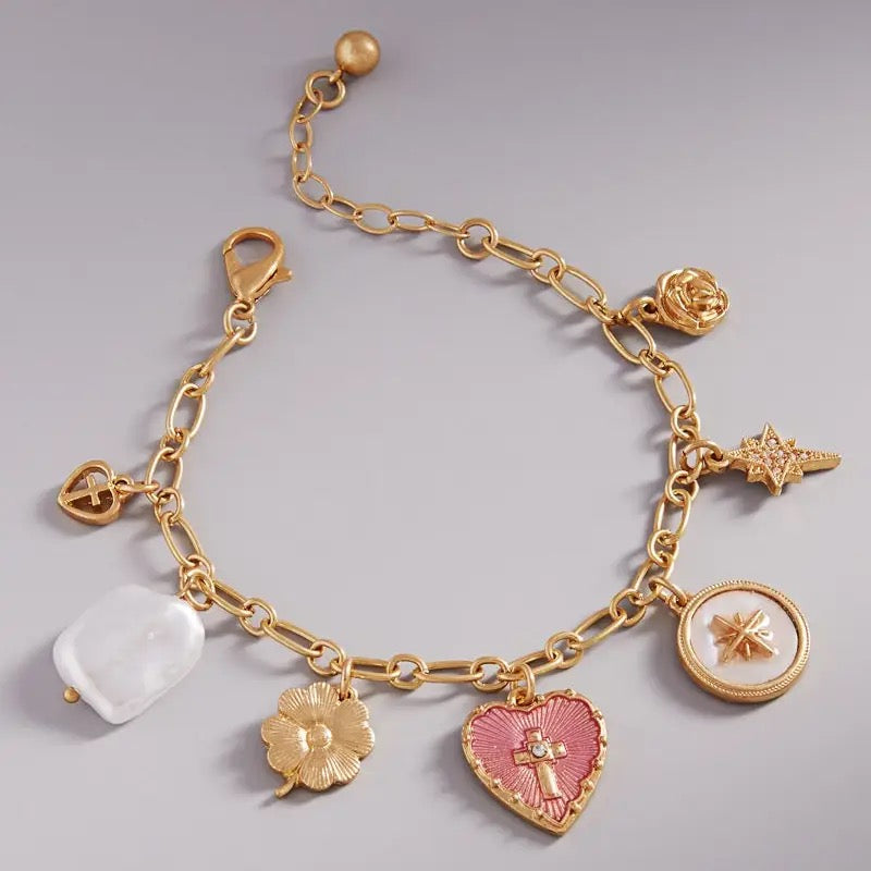 Heart Clover Pearl Mix Clasp Charm Bracelet