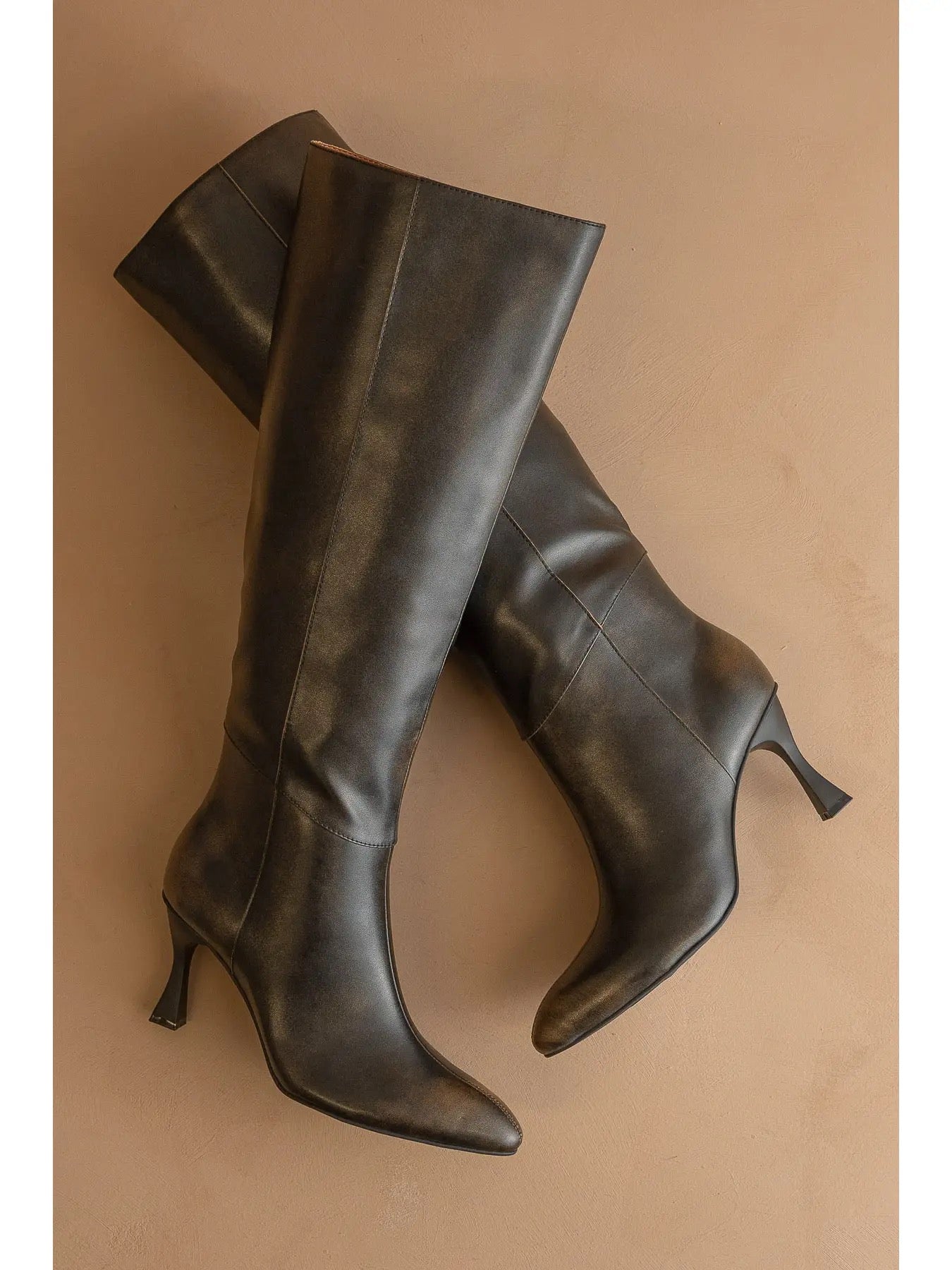 Distressed Black Pointed Toe Knee High Boot