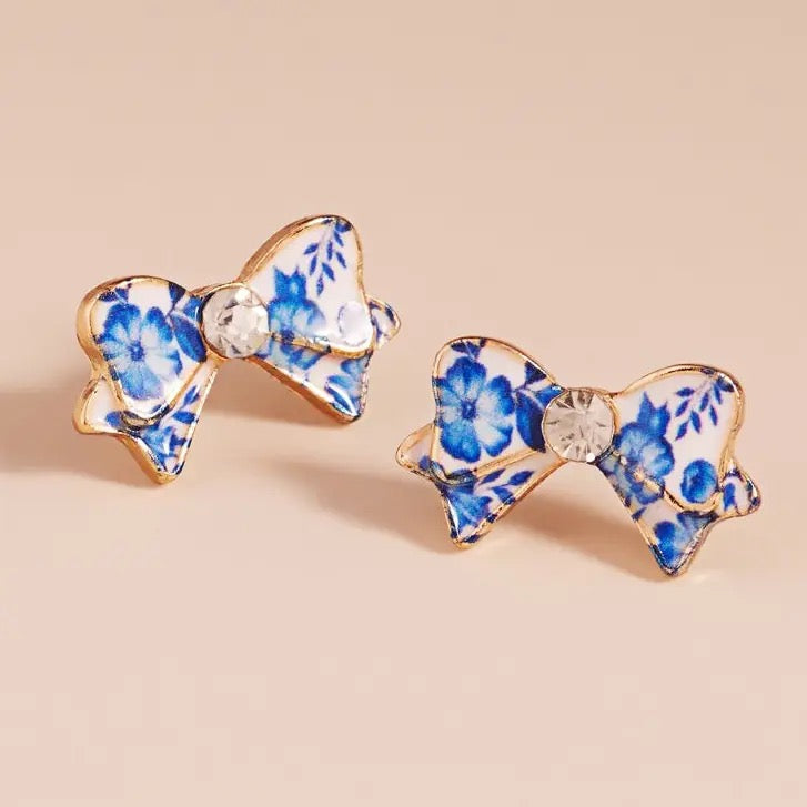 Blue Floral Enamel Bow Earrings