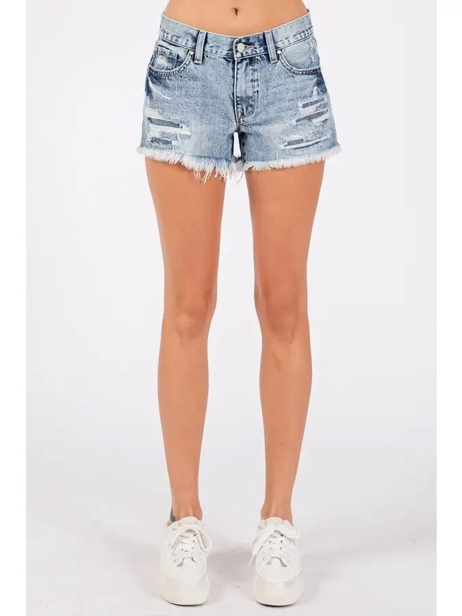 Petra Mid Rise Rigid Patched Shorts with Frayed Hem