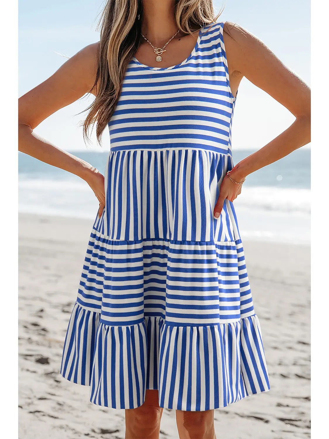 Blue Stripe Sleeveless Mini Dress