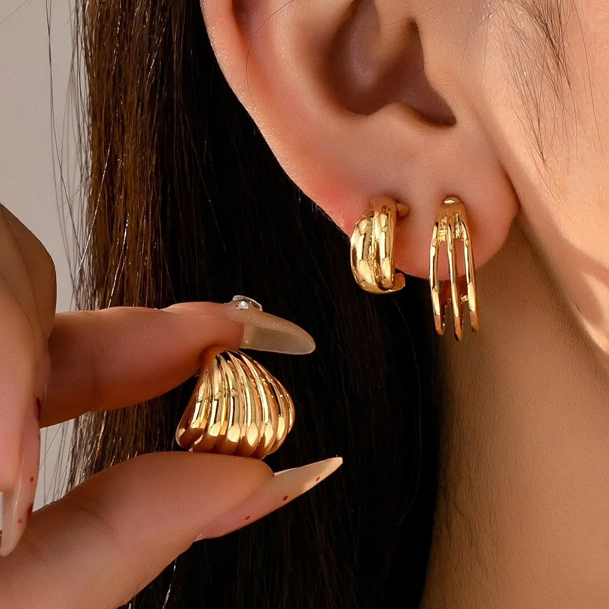 Vintage Gold Shell & Hoop Trio Earring Set