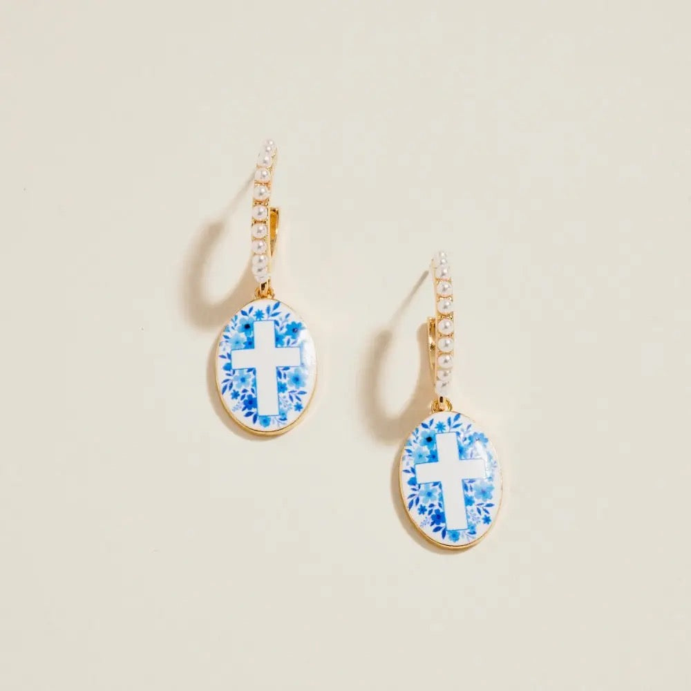 Blue Enamel Cross Pearl Hoop Earrings