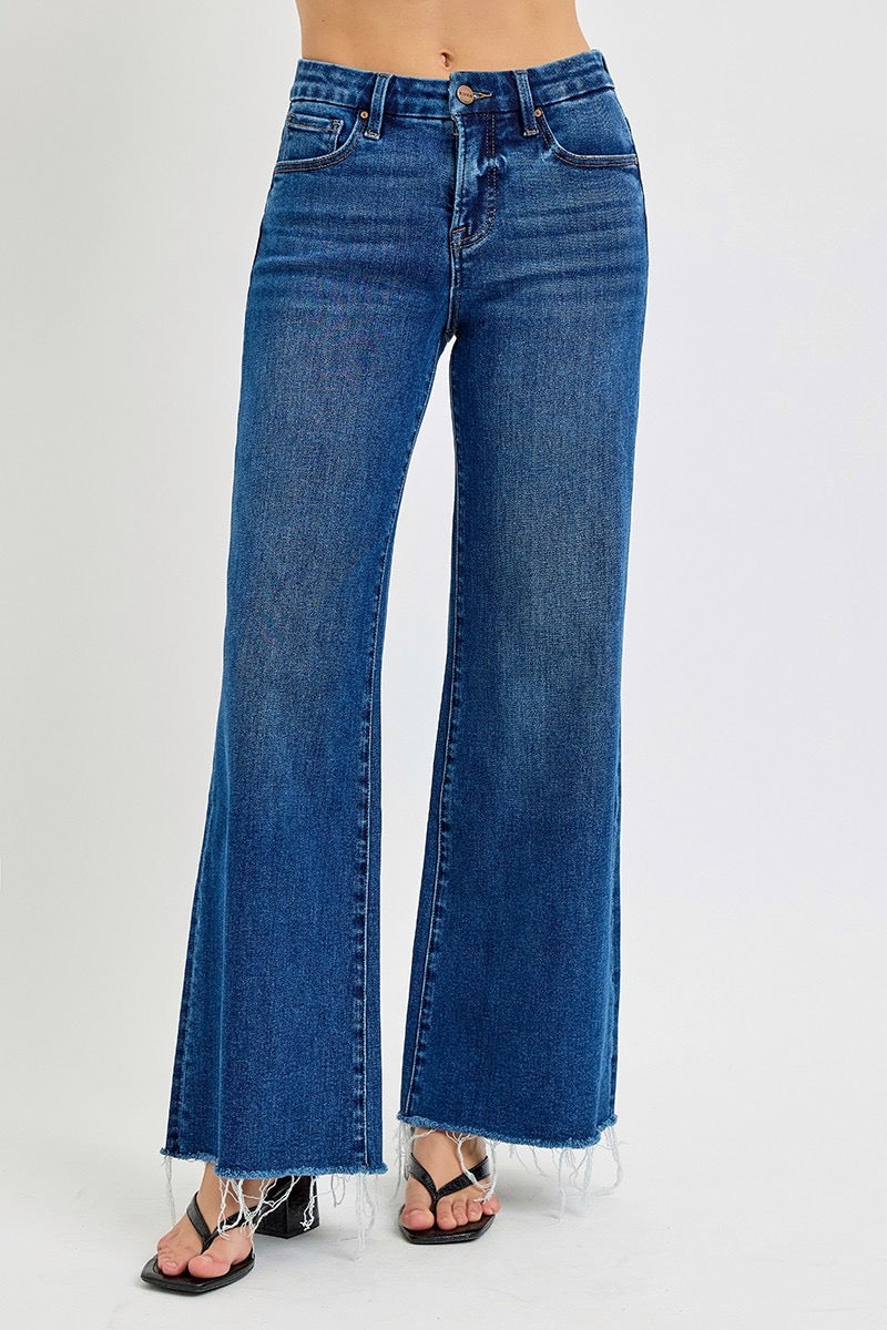 Risen Tummy Control Dark Mid Rise Wide Leg Jeans