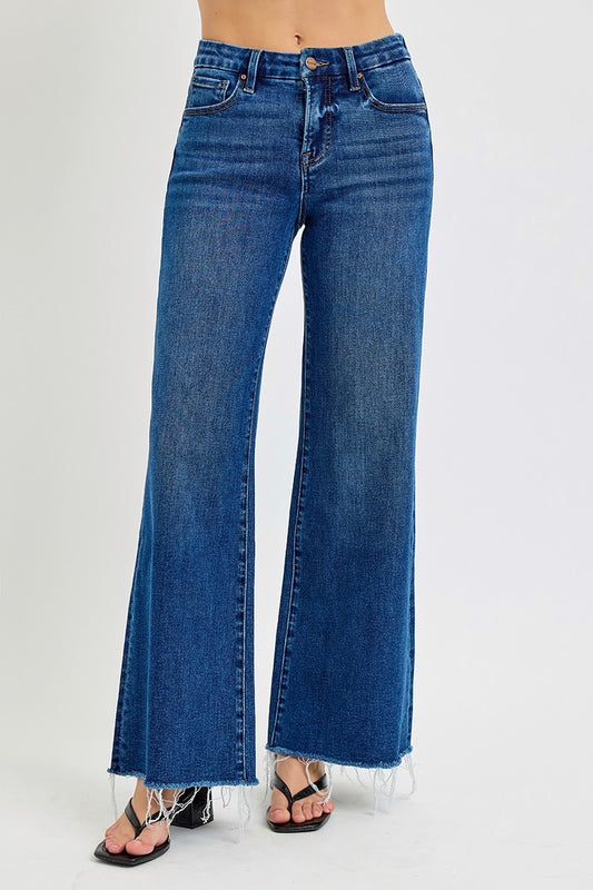 Risen Tummy Control Dark Mid Rise Wide Leg Jeans