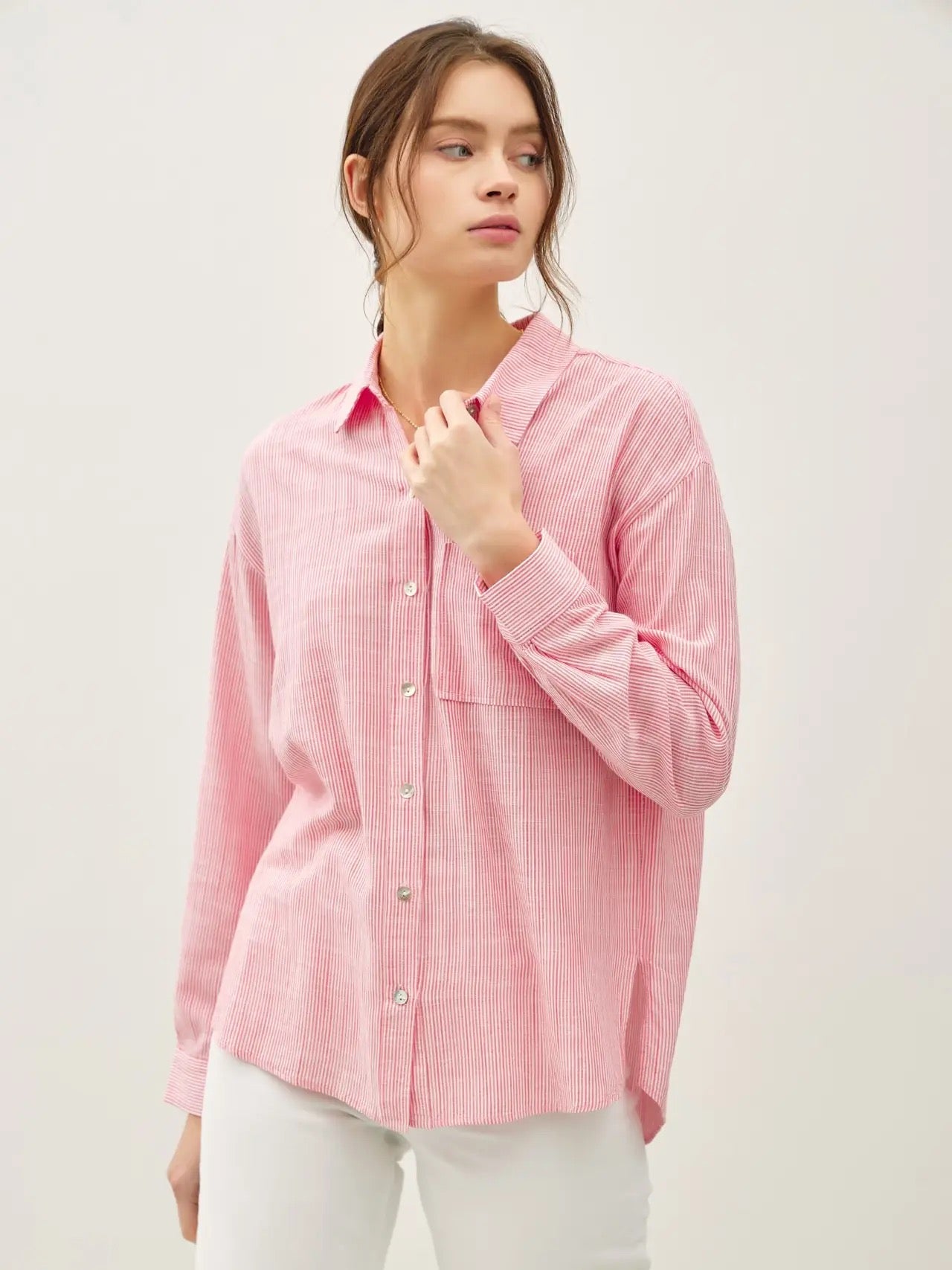 Coral Pinstripe Button Up Top