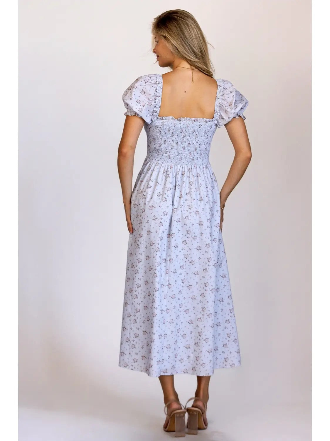 Blue Floral Smocked Puff Sleeve Midi Dress