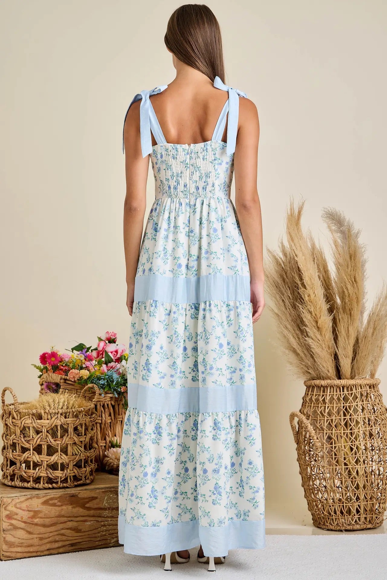 Blue Floral Print Maxi Shoulder Tie Dress