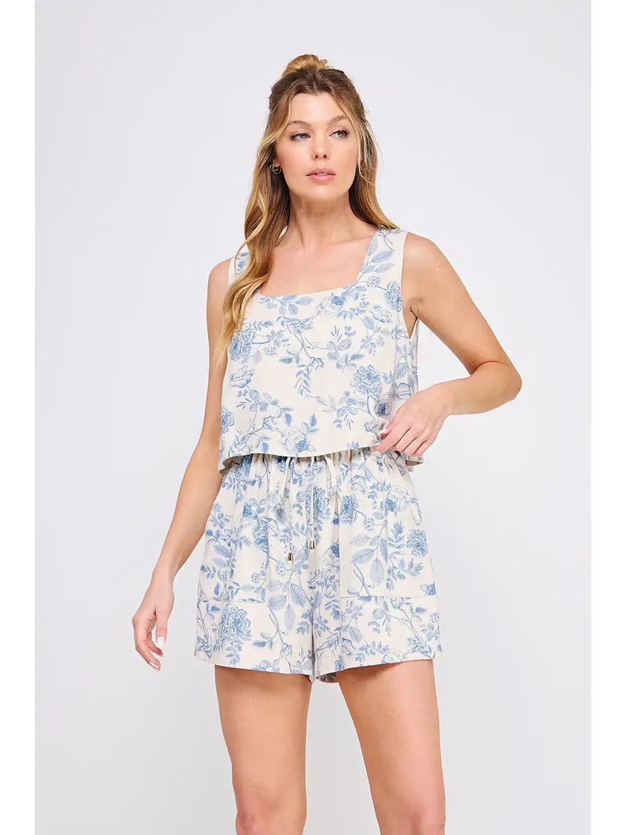 Blue Blossom Printed Soft Linen Romper