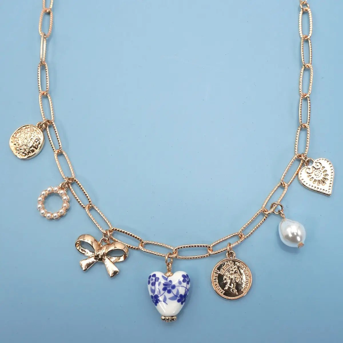 Blue Porcelain Bow Heart Charm Necklace