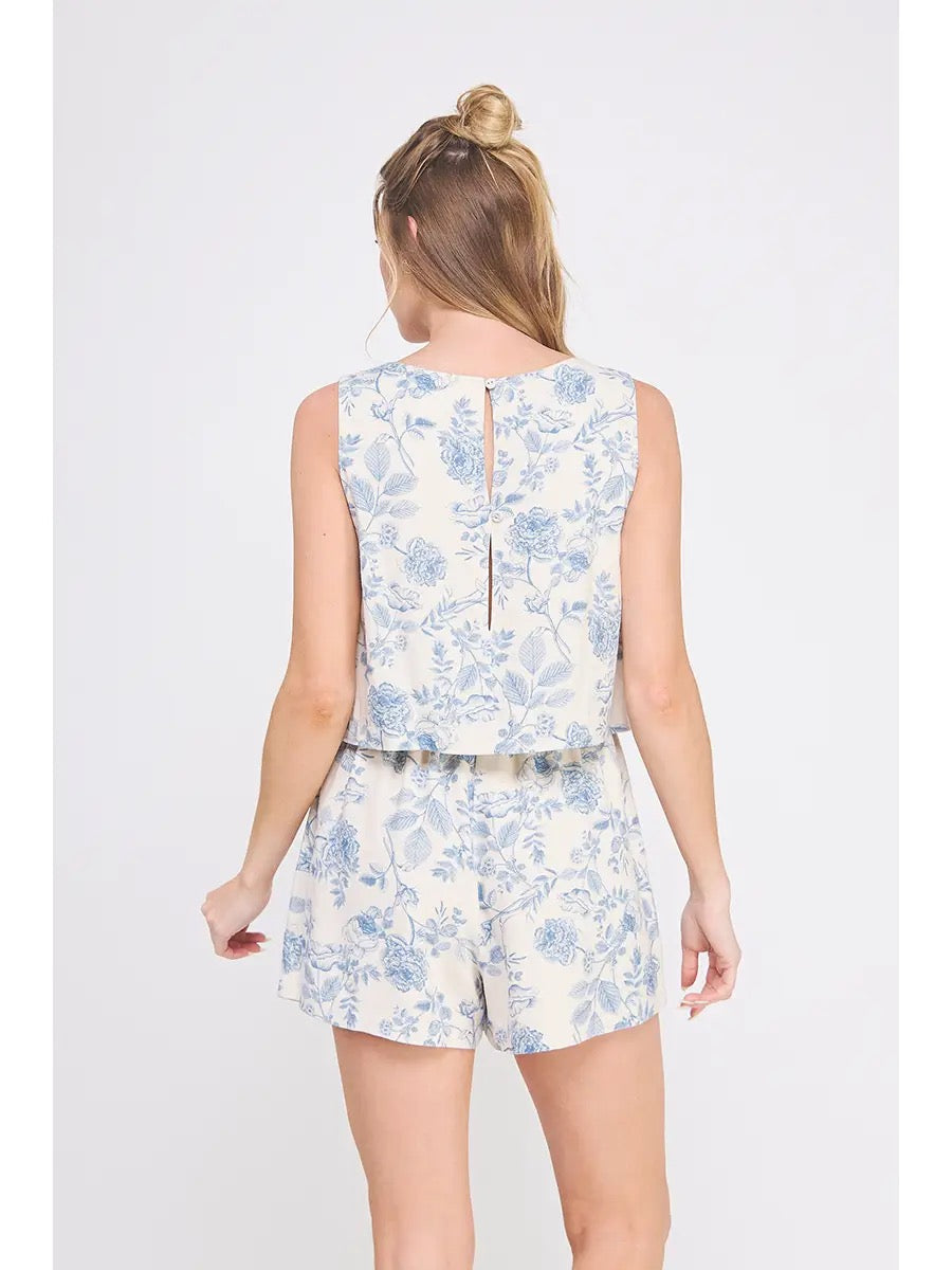 Blue Blossom Printed Soft Linen Romper