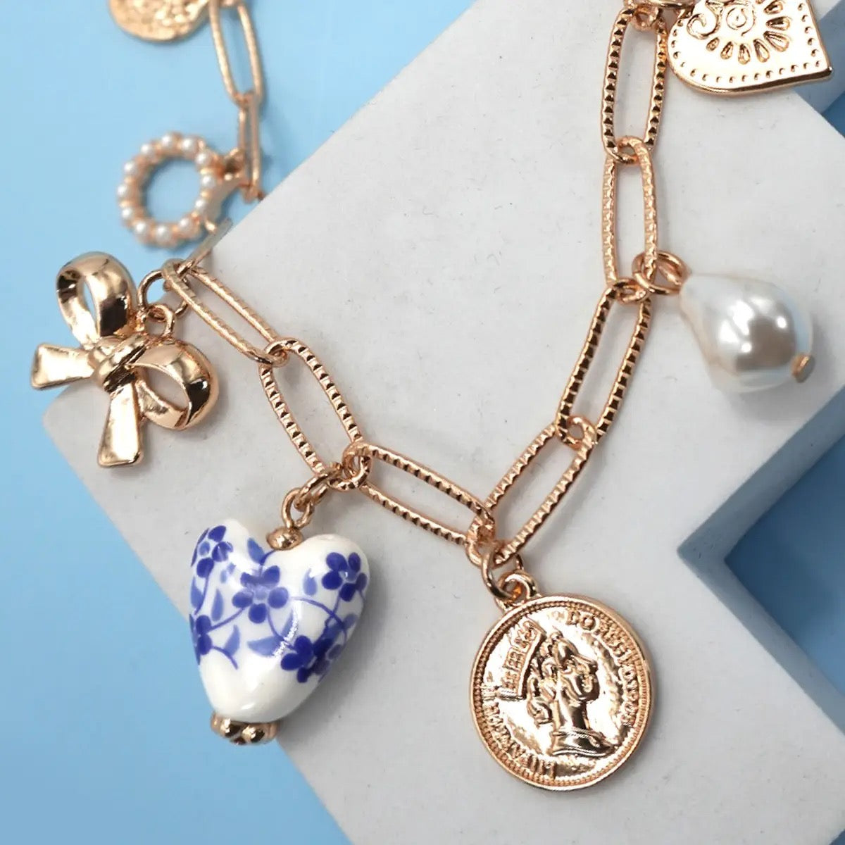 Blue Porcelain Bow Heart Charm Necklace