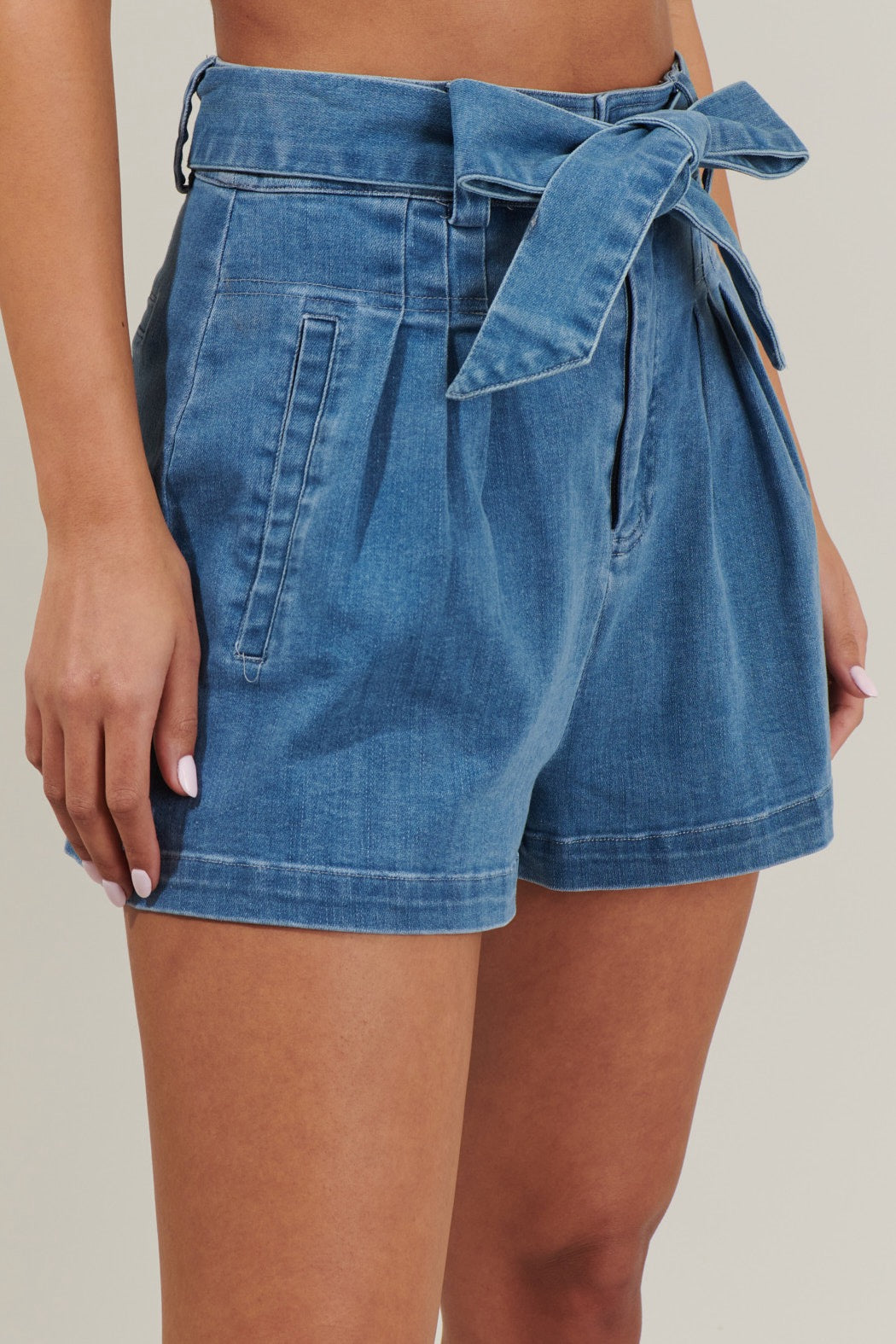 Pleated Denim Shorts with Belt