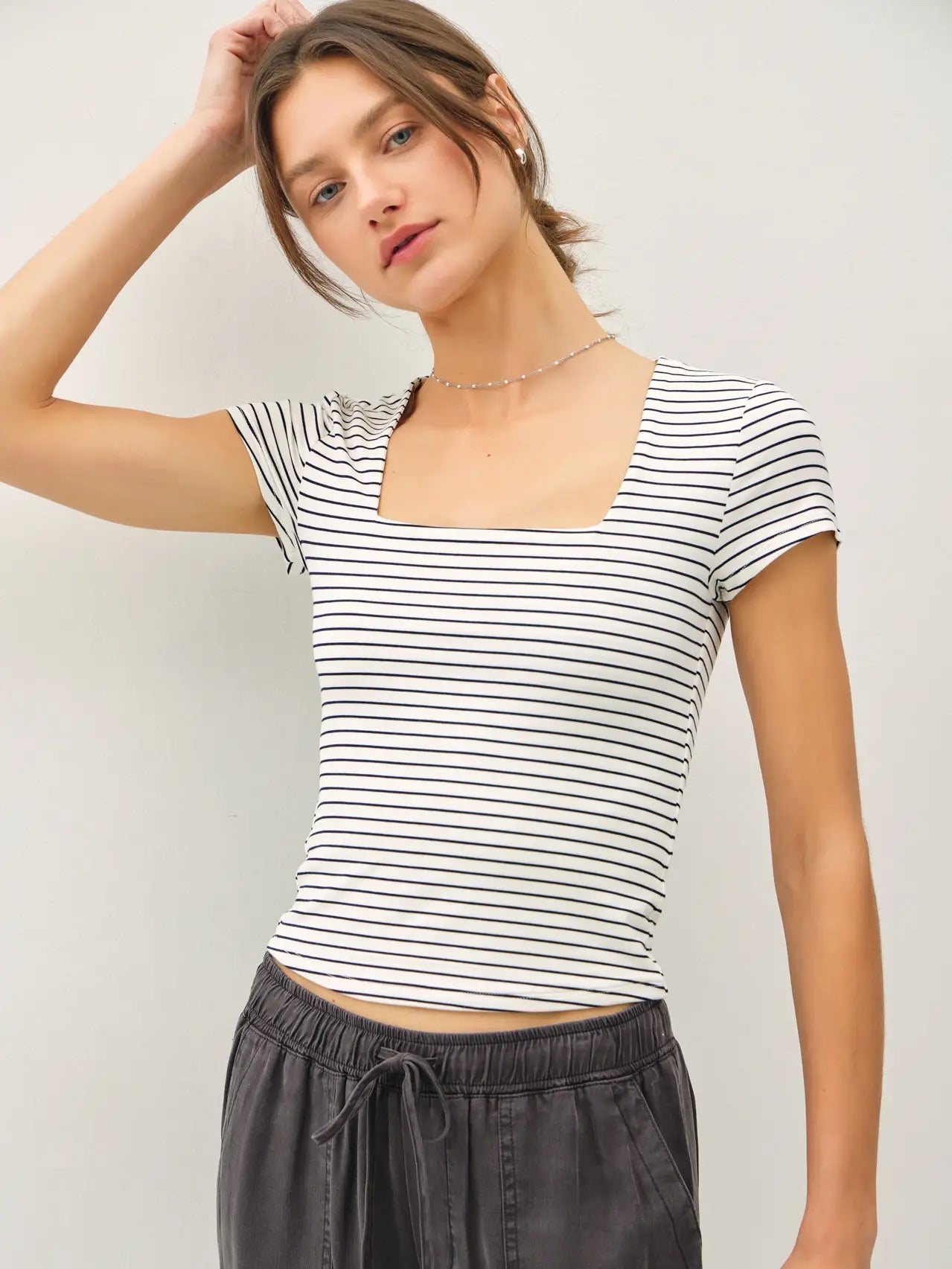 Navy Striped Double Lined Square Neck Tee