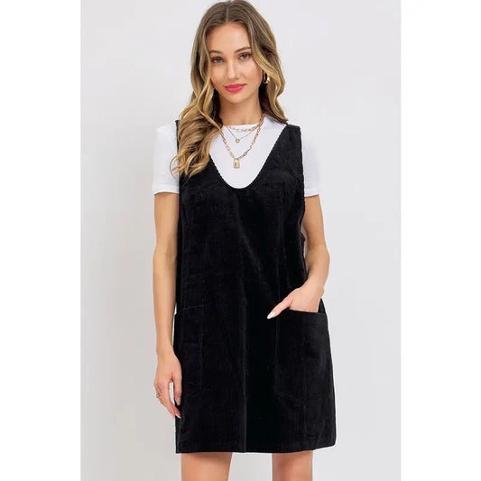 Black Corduroy Casual Overall Dress