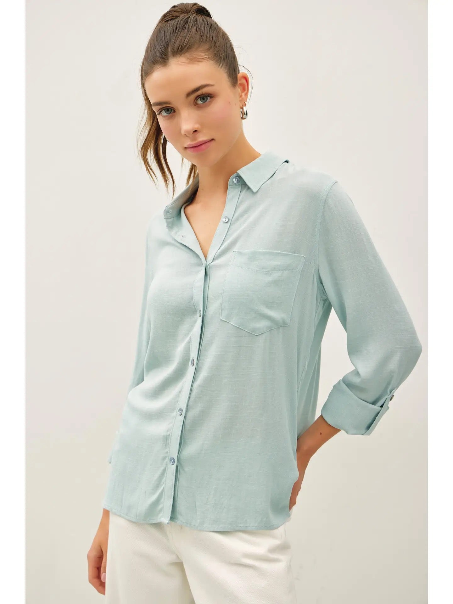 Seafoam Long Sleeve Button Up Top