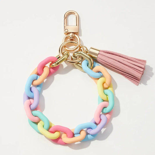 Multi Pastel Silicone Coated Matte Key Ring w/ Leather Tassel