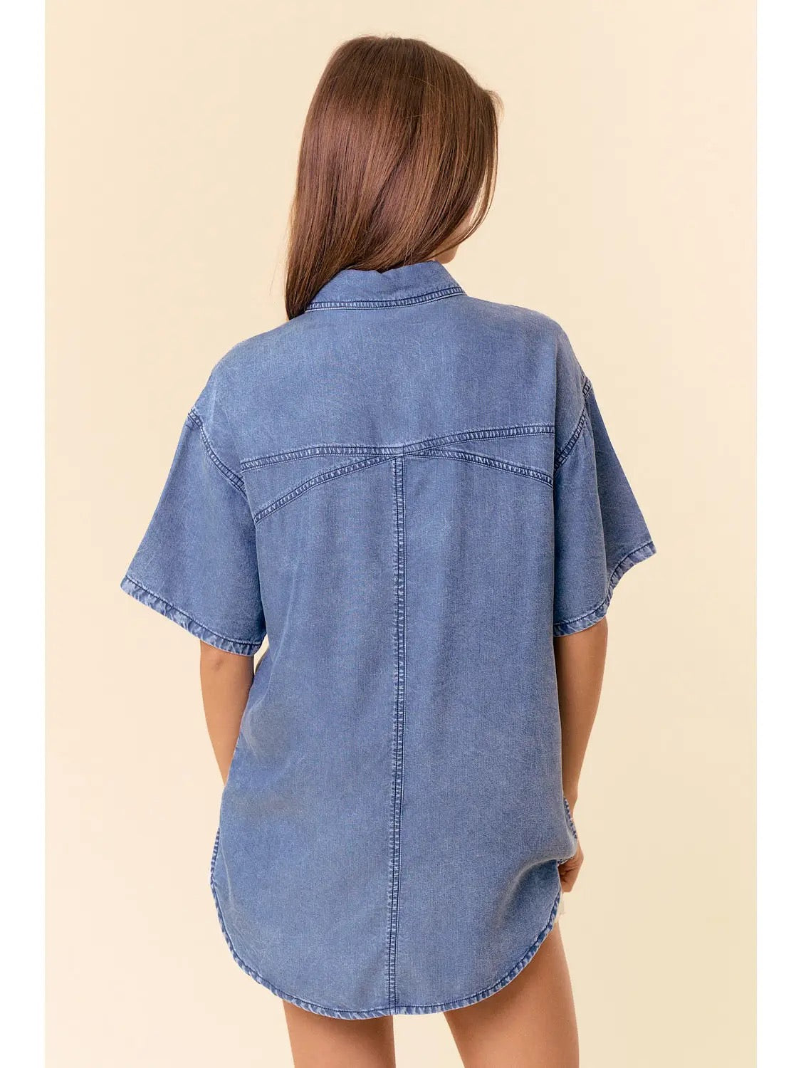 Short Sleeve Oversized Denim Button Down Top