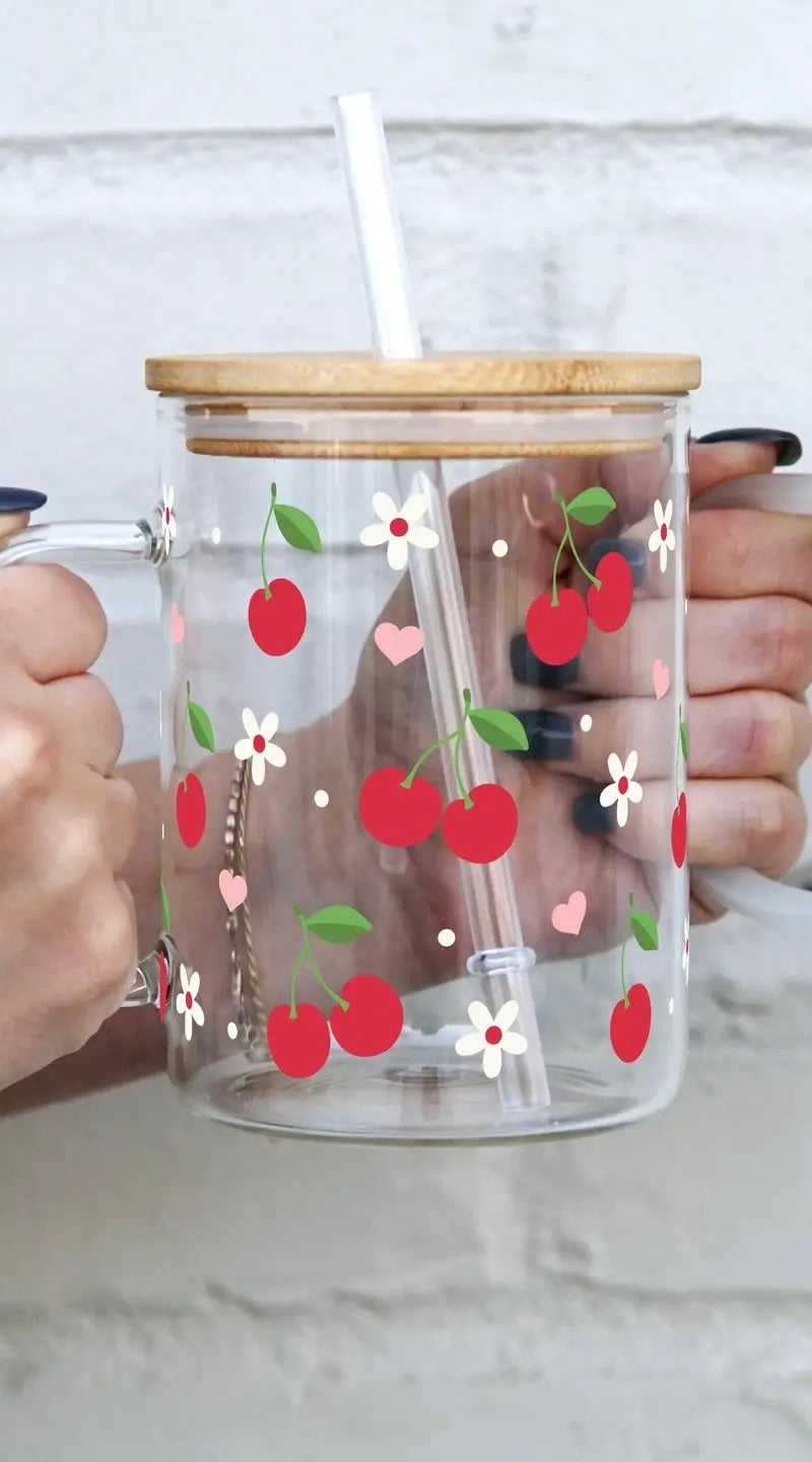 Cherry 17oz Glass Mug with Lid/Straw