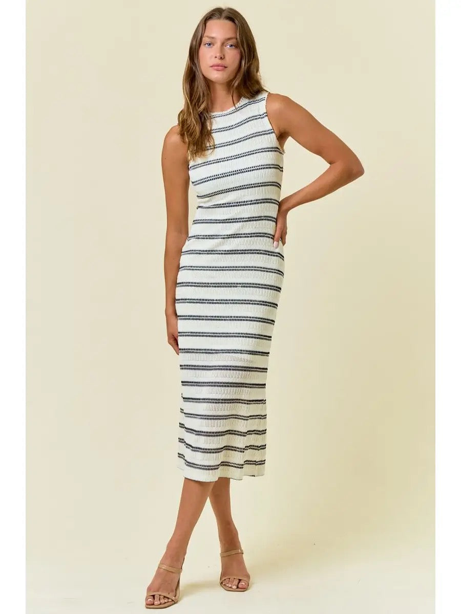 Striped Lace Mock Neck Sleeveless Midi Dress