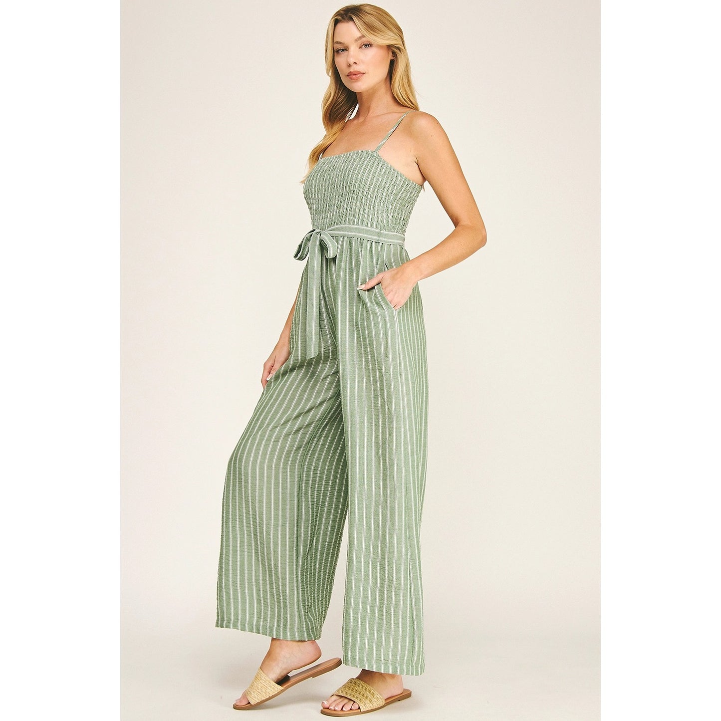Sage Coastal Stripe Smocked Wide Leg Jumpsuit