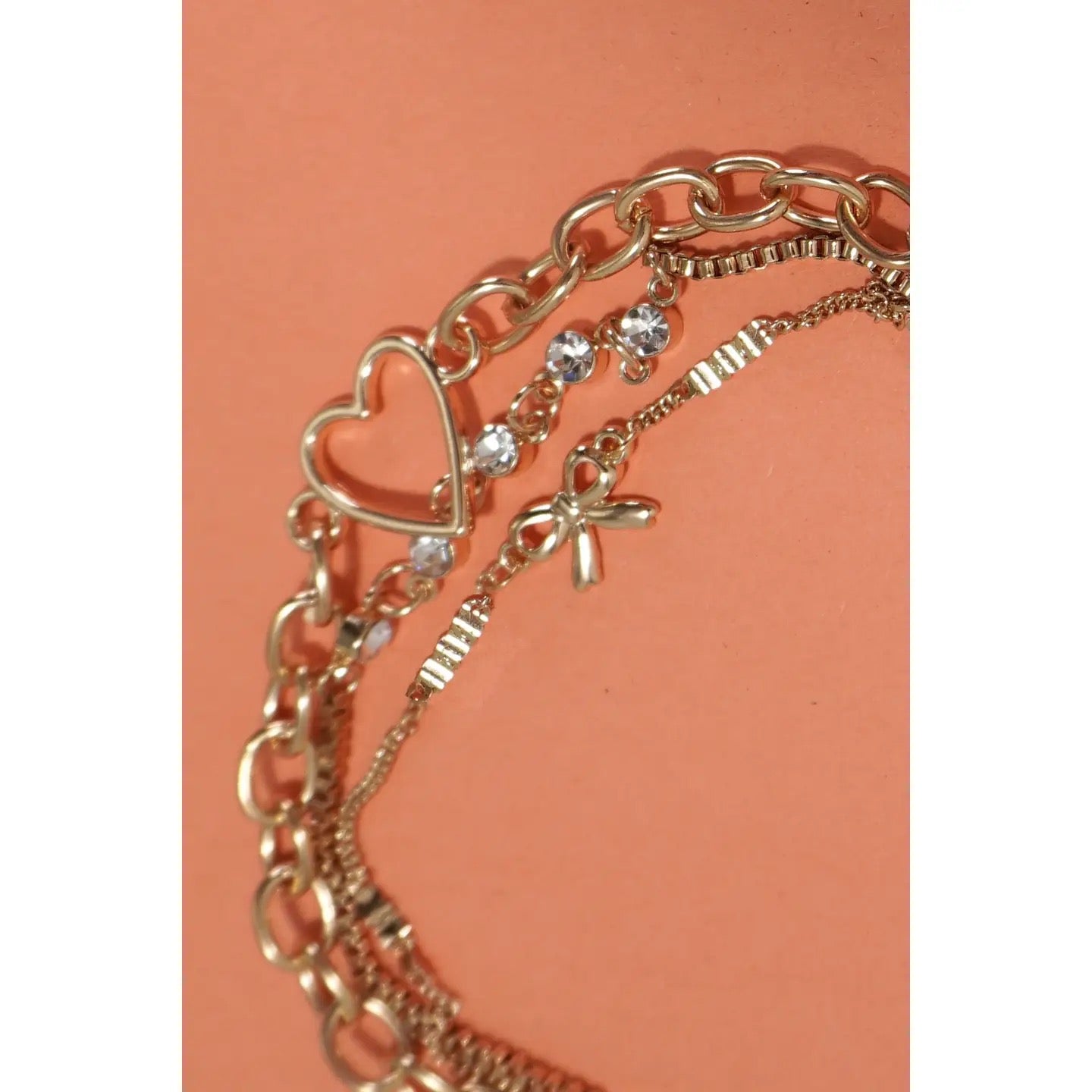 Multi Layer Bow Heart Station Rhinestone Bracelet