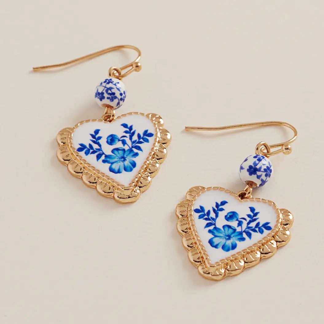Blue Floral Ceramic Heart Earrings