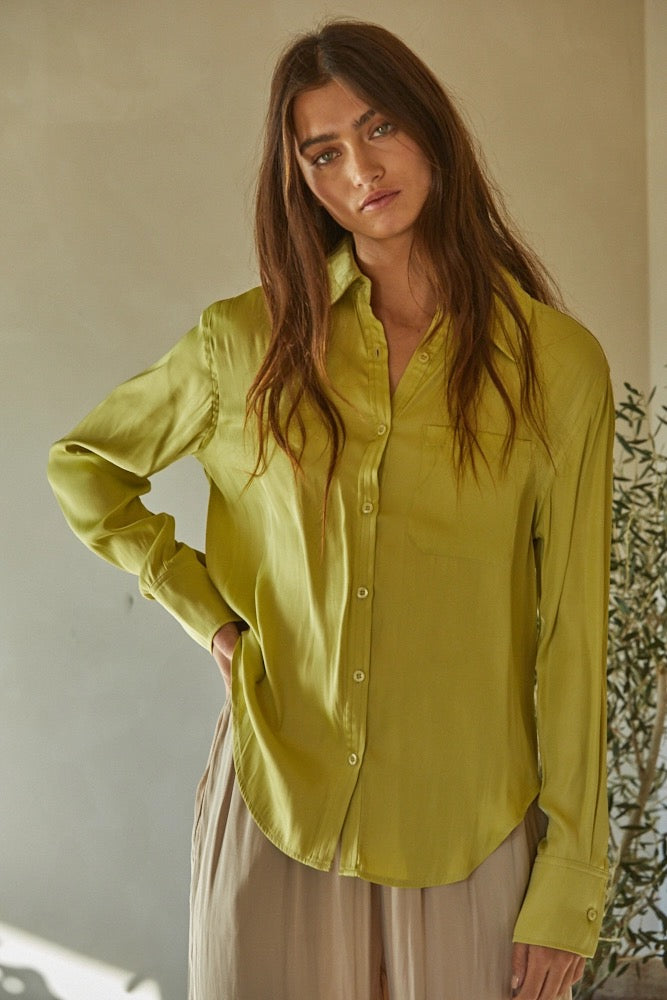 Woven Satin Button Down Long Sleeve Top
