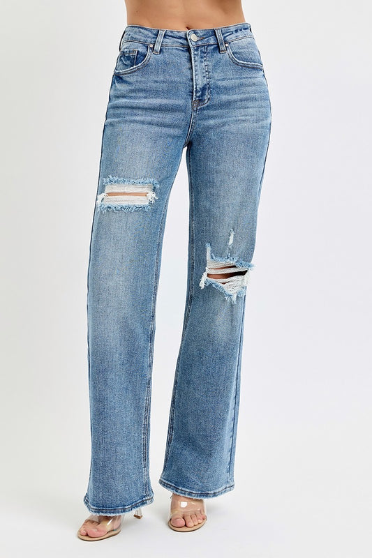 Risen High Rise Wide Leg Ripped Jeans