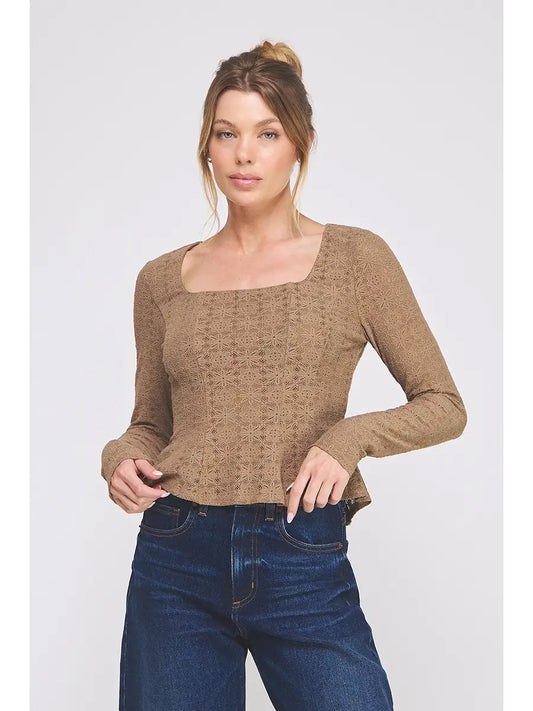 Toffee Square Neck Knit Lace Long Sleeve