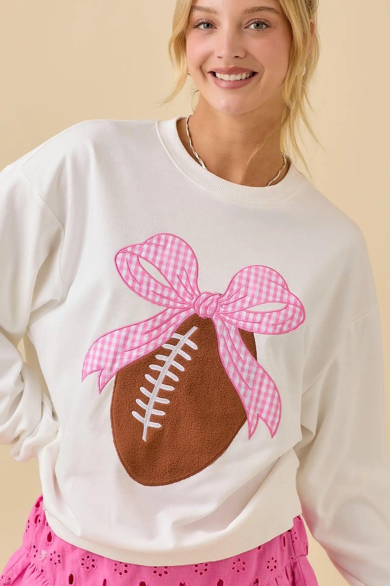 White Long Sleeve Crewneck with Ribbon Bow Football