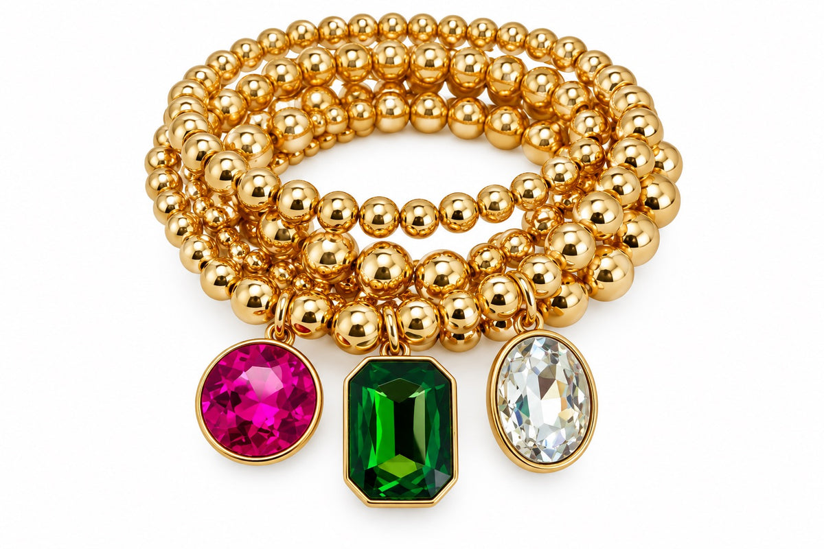 Gold Bracelet Stack w/ Pink & Green Gems