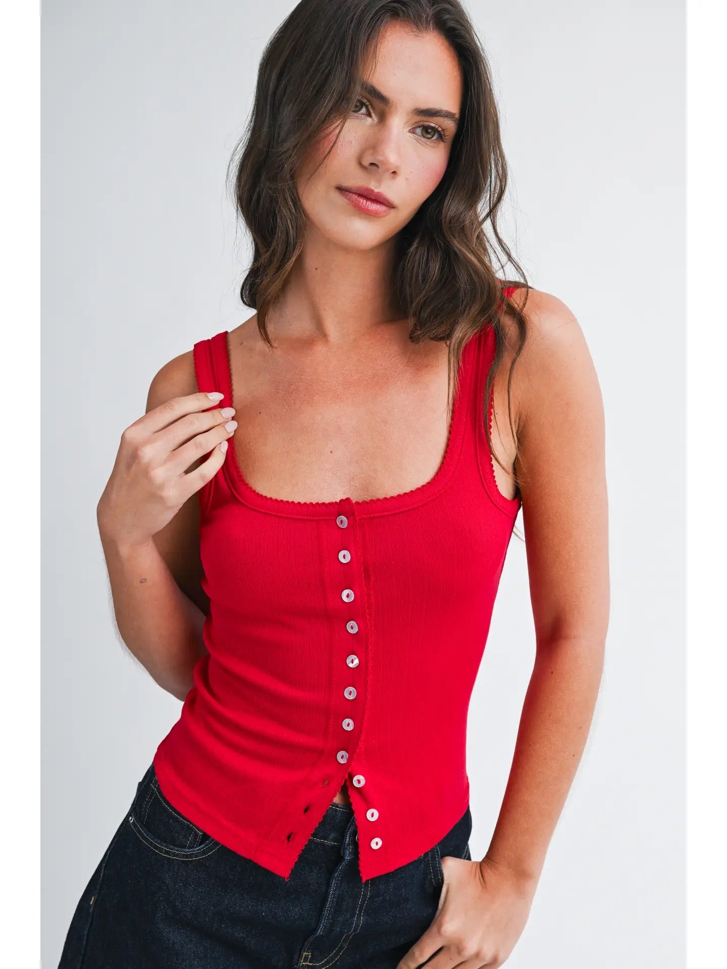 Red Pointelle Button Down Tank