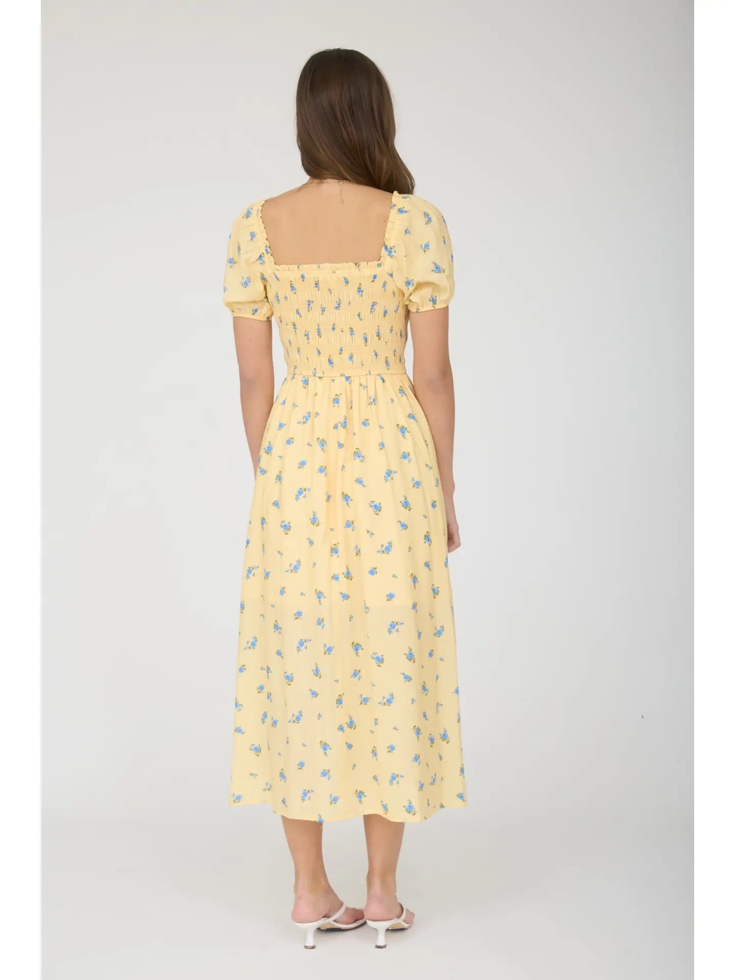 Yellow Smocked Puff Sleeve Floral Dress