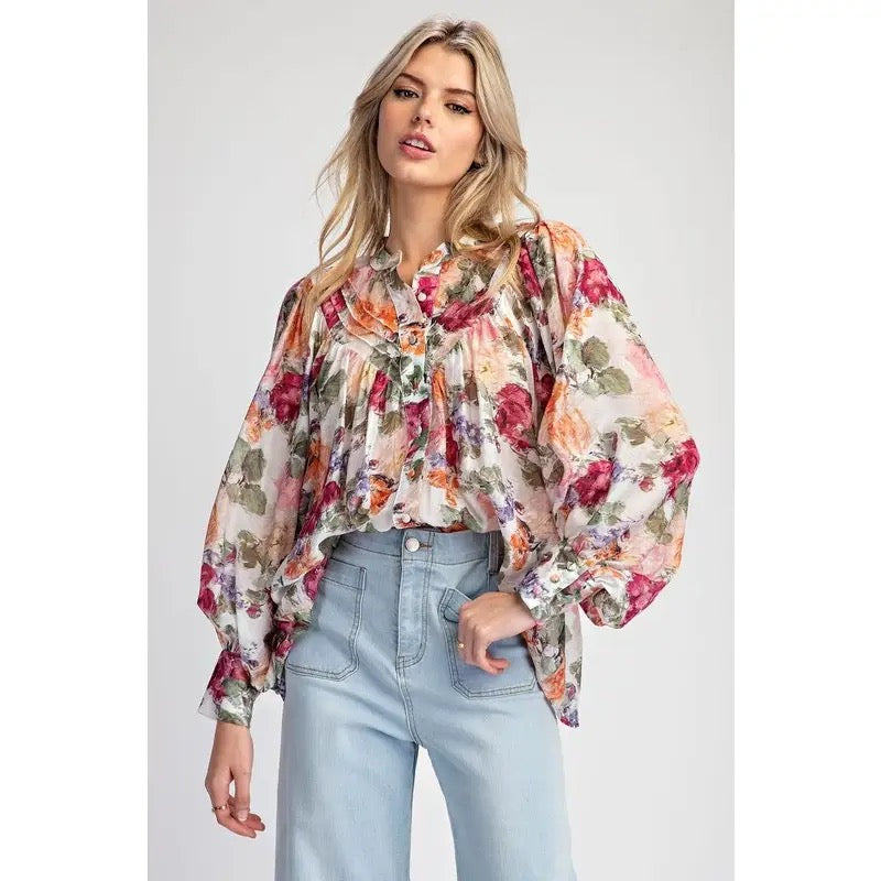 Vintage Floral Print Button Down Top
