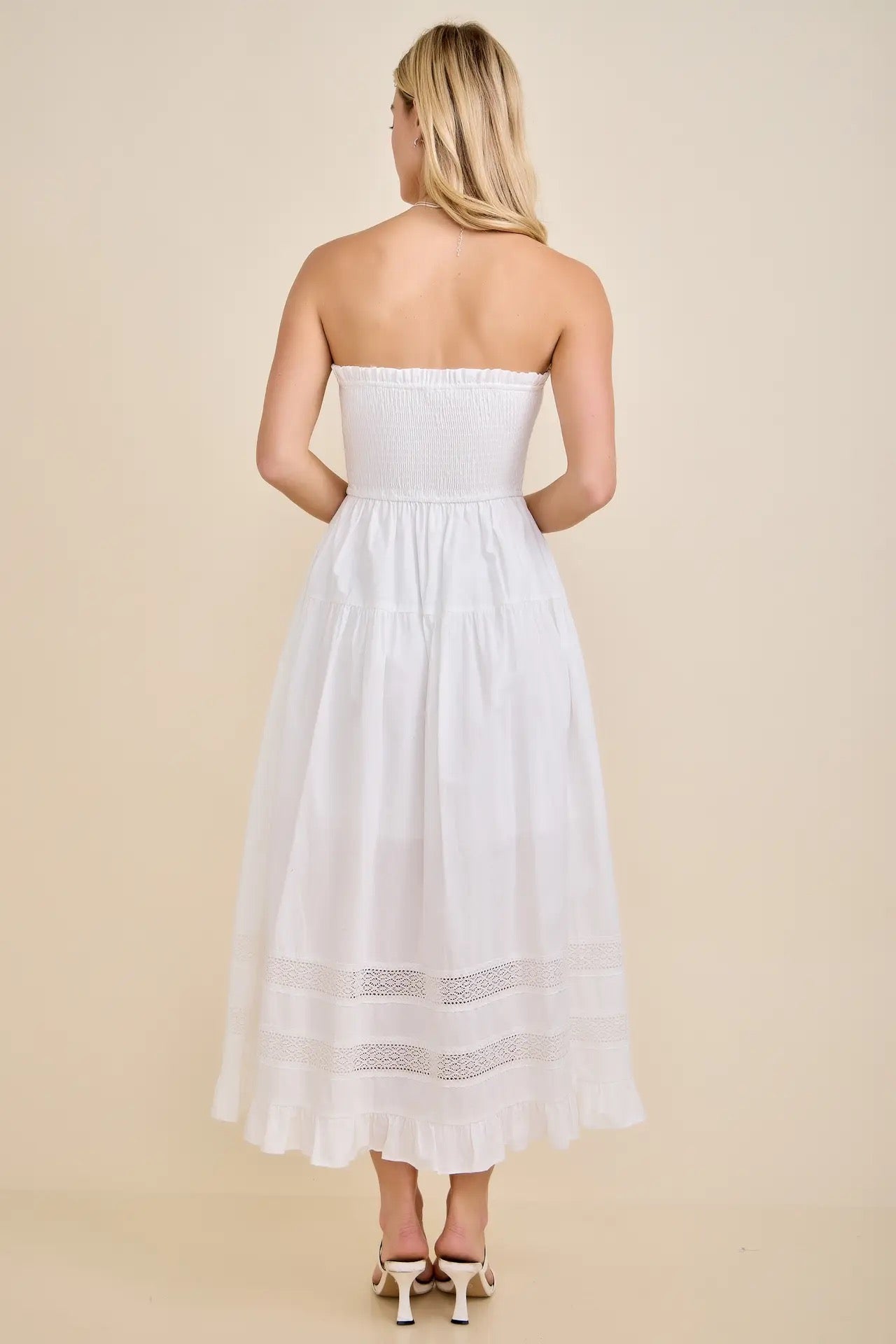 White Strapless Ruffle Lace Maxi Dress