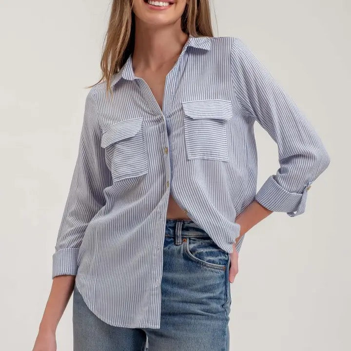 Striped Collared Button Down Top