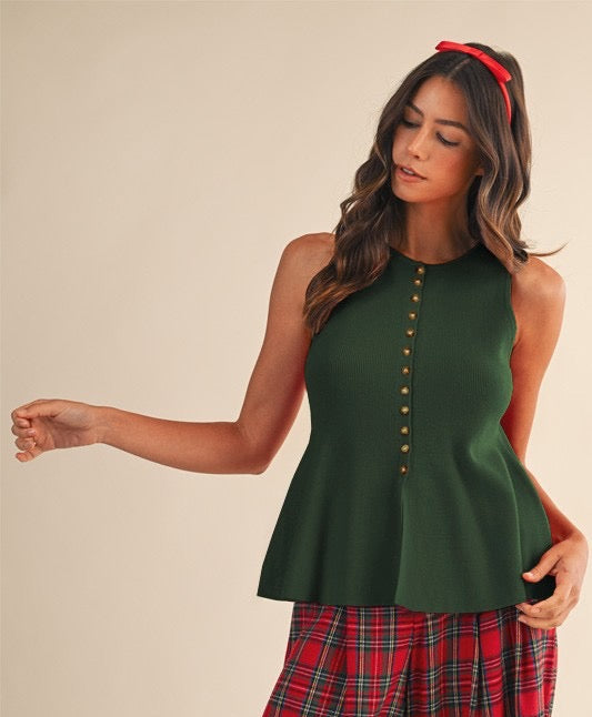 Green Knit Button Down Peplum Vest